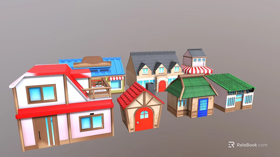 Colorful Commercial Street With Charming Shop Buildings And Diverse Roof Styles 3d model 
