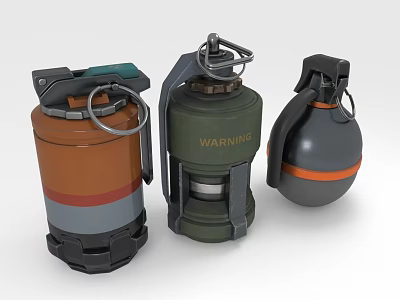 Three Different Colored Hand Grenades With Fuse Handle And Warning Label 3d model