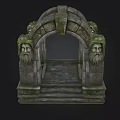 Ancient Stone Archway Structure With Carved Head Statues And Moss Covered Steps 3d model
