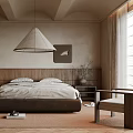 Warm Neutral Tones Bedroom Interior Design With Platform Bed Nightstand Table Lamp And Pendant Light