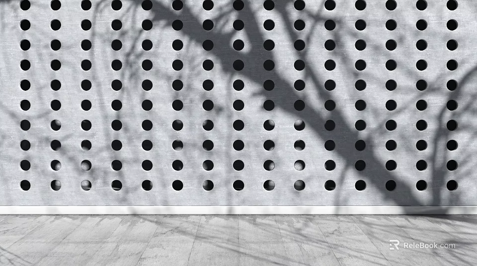 Gray Wall With Circular Holes And Tree Shadow On Concrete Floor 3d model 