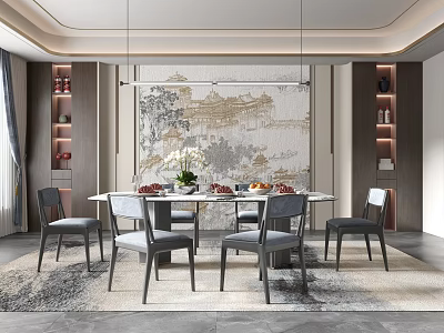 Elegant Modern Restaurant Interior With Dining Table Chairs Flower Centerpiece Traditional Mural And Hanging Lights 3d model