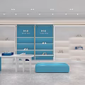 Modern Shoe Store Interior With Blue And White Shelves Display Counter And Plants