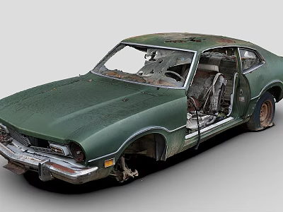 Old Rusted Green Car With Open Doors Damaged Interior And Broken Parts 3d model