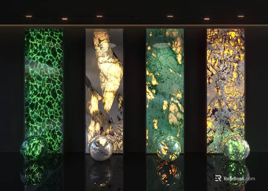 Decorative Background Wall Designs With Green Gold Textures And Glass Sphere Decor 3d model 