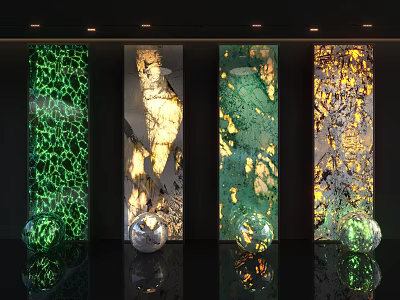 Decorative Background Wall Designs With Green Gold Textures And Glass Sphere Decor 3d model