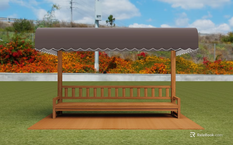 Outdoor Patio Awning with Wooden Bench on Lawn and Colorful Flower Beds 3d model 