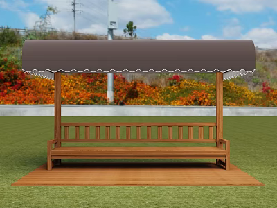 Outdoor Patio Awning with Wooden Bench on Lawn and Colorful Flower Beds 3d model