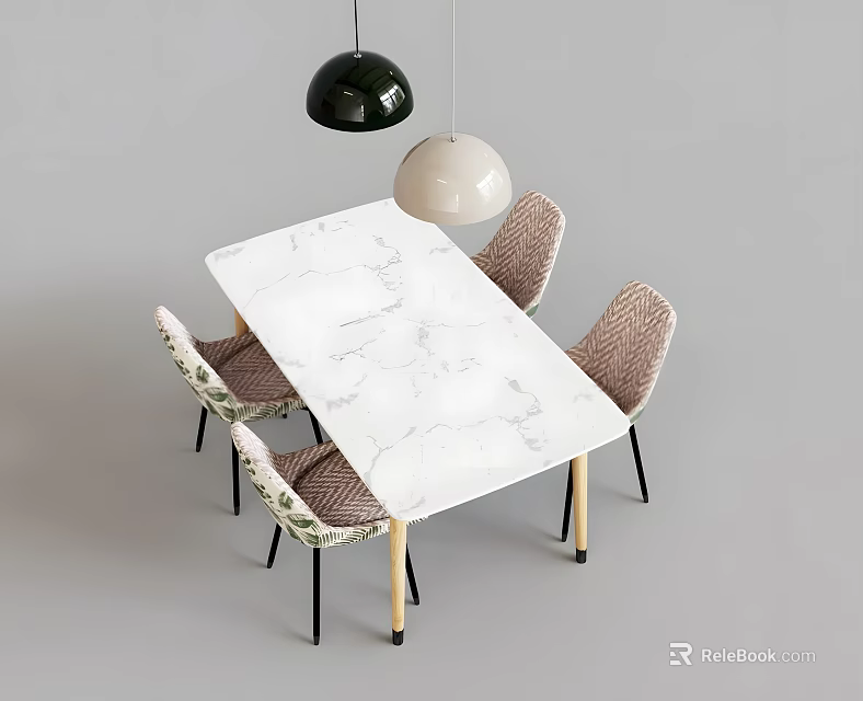 Dining Table Set with White Marble Top Four Patterned Chairs and Pendant Lights 3d model