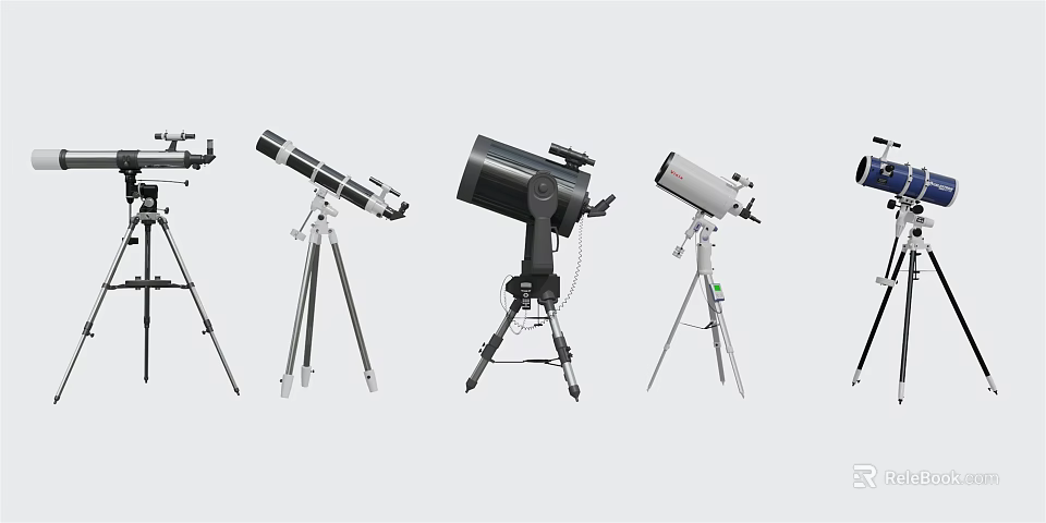 Professional Commercial Equipment Including Various Telescopes With Tripod Stands And Different Designs 3d model