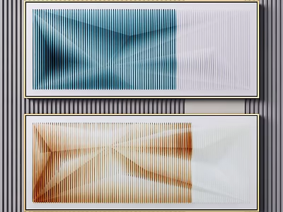 Abstract Wall Art Paintings With Blue Orange Wave Patterns On Gray Striped Background 3d model