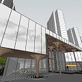 Modern Sales Office Building With Glass Facade And Portico Entrance Surrounded By Tall Buildings