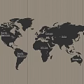 Modern World Map Wall Decor with Continent Names on Wooden Background