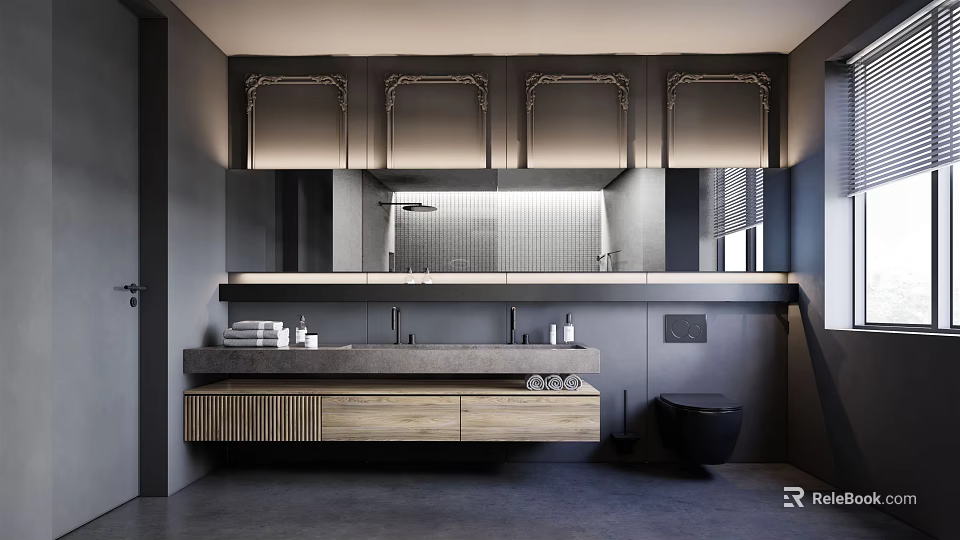 Modern Bathroom Interior Design With Double Sink Vanity Large Mirrors And Cabinets 3d model 