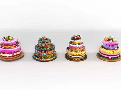 Colorful Multi Layer Cake Decorative Ornament Set With Fruit Decorations And Wooden Base 3d model