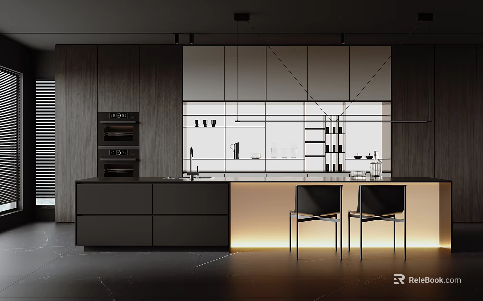 Modern Dark Kitchen Interior Design With Wood Cabinets Island Counter Ovens And Lighting 3d model 