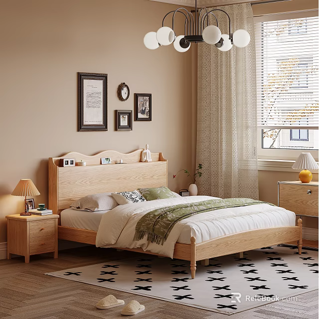 Cozy Bedroom Interior Design With Wooden Bed Framed Artworks Nightstand Table Lamp And Rug 3d model 