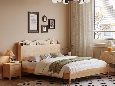 Cozy Bedroom Interior Design With Wooden Bed Framed Artworks Nightstand Table Lamp And Rug 3d model