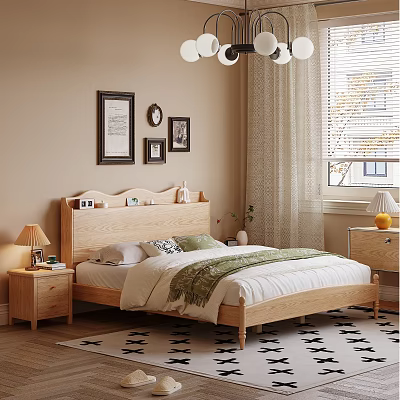 Cozy Bedroom Interior Design With Wooden Bed Framed Artworks Nightstand Table Lamp And Rug 3d model