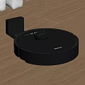 Smart Black Robotic Vacuum Cleaner With Charging Dock On Wooden Floor