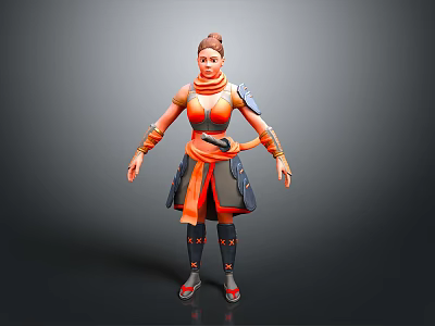 3D Female Character Model With Orange Gray Outfit Scarf Shoulder Pads Belt Boots 3d model