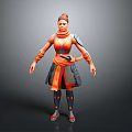 3D Female Character Model With Orange Gray Outfit Scarf Shoulder Pads Belt Boots
