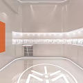 Bright Modern Exhibition Space With Orange Display Panel White Geometric Floor And Recessed Lights