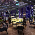 Modern Restaurant Design With Long Tables Bar Stools Wine Racks And Pendant Lights
