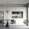 Modern Restaurant Interior With White Cabinets Black Dining Table Silver Pendant Light And Green Plant