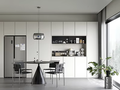 Modern Restaurant Interior With White Cabinets Black Dining Table Silver Pendant Light And Green Plant 3d model