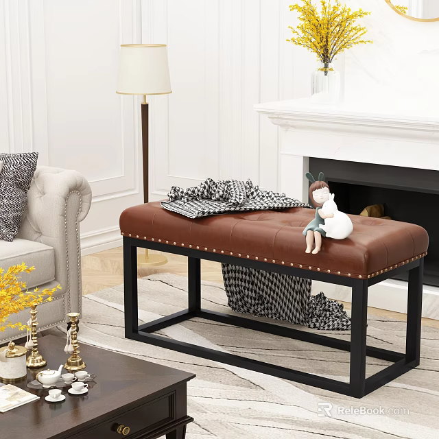 Brown Leather Sofa Bench With Black Metal Frame By Fireplace In Living Room 3d model 
