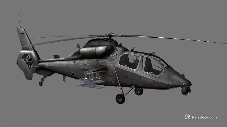 Gray Military Helicopter With Rotor Cockpit Weapon System And Fuselage Design 3d model 
