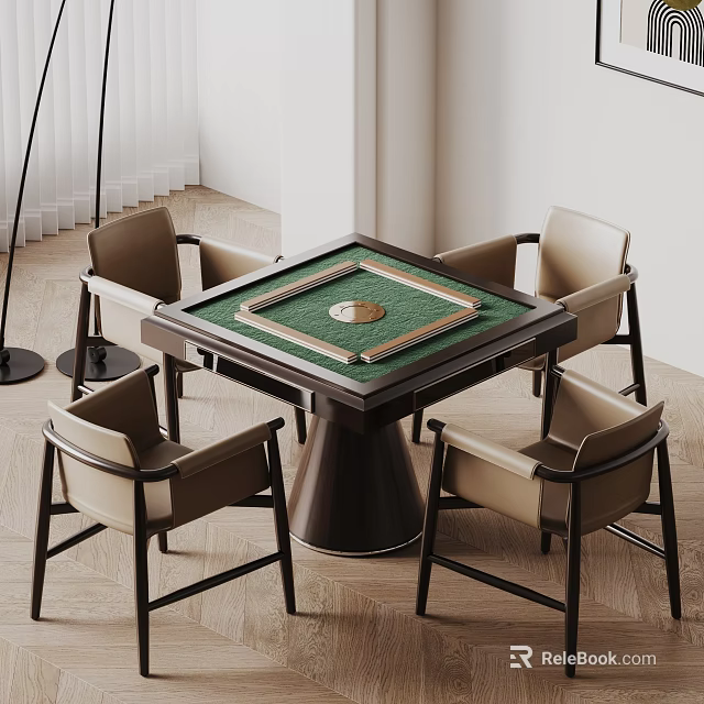 Elegant Modern Mahjong Table With Green Tabletop Dark Base And Four Beige Chairs 3d model 