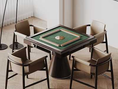 Elegant Modern Mahjong Table With Green Tabletop Dark Base And Four Beige Chairs 3d model