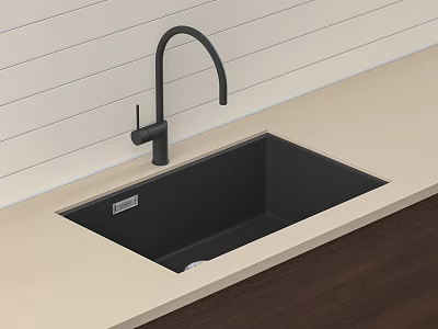 Black Kitchen Sink Installed In Light Colored Countertop With Black Faucet And Dark Cabinet 3d model