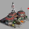 Cartoon Military Base Scene With Red Star Buildings Dragon Statue And Radar