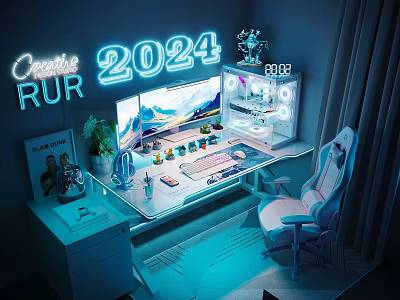 2024 Creative RUR Gaming Setup With Dual Monitors RGB Lighting Gaming Desk And Chair 3d model
