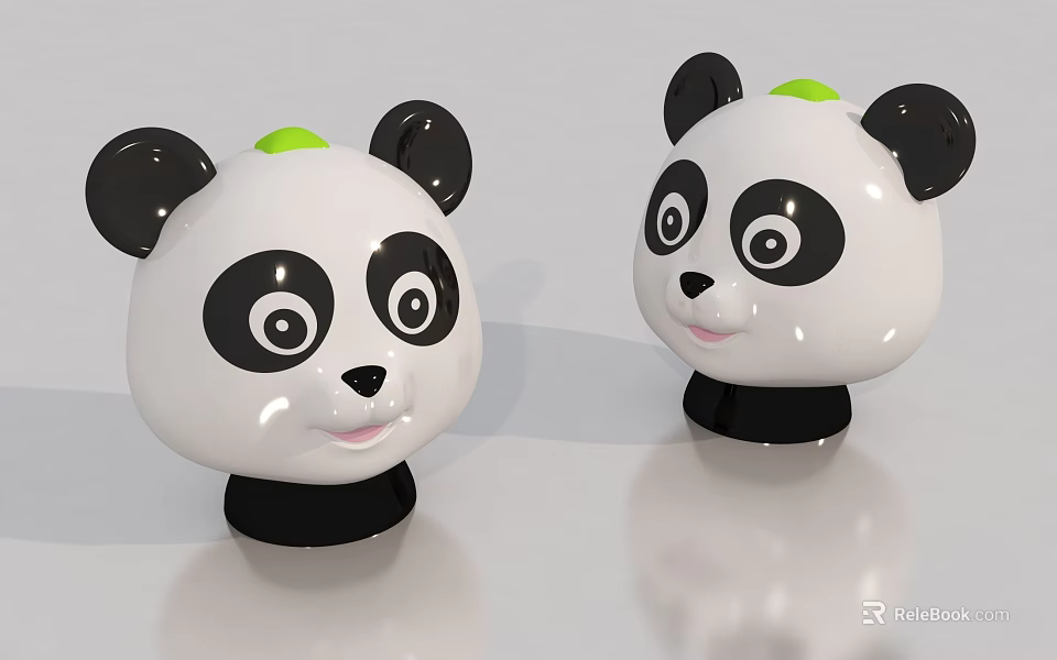 Cute Panda Head Toys With Black White Design And Green Top Smiling Face Details 3d model 