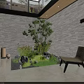 Peaceful Courtyard Garden Landscape Featuring Stone Walls Glass Roof Tree Moss Stones Wicker Chair Lantern