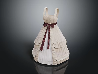 Elegant White Pleated Dress With Spaghetti Straps Burgundy Bow Belt And Pockets 3d model