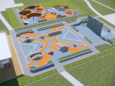 Modern Geometric Plaza Landscape With Orange Play Structures Paved Areas And Green Lawns 3d model