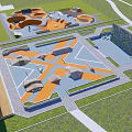 Modern Geometric Plaza Landscape With Orange Play Structures Paved Areas And Green Lawns