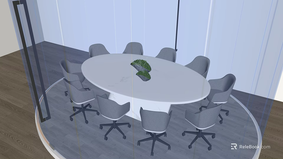 Modern Round White Conference Table With Eight Gray Office Chairs And Green Plant 3d model 