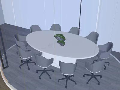 Modern Round White Conference Table With Eight Gray Office Chairs And Green Plant 3d model