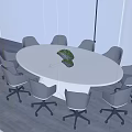 Modern Round White Conference Table With Eight Gray Office Chairs And Green Plant