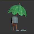 Cute Small Gray Creature Holding Green Leaf Shaped Umbrella Standing On Dark Background