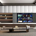 Modern Living Room Interior With TV Wall Sofa Coffee Table Decorative Shelves And Soft Lighting