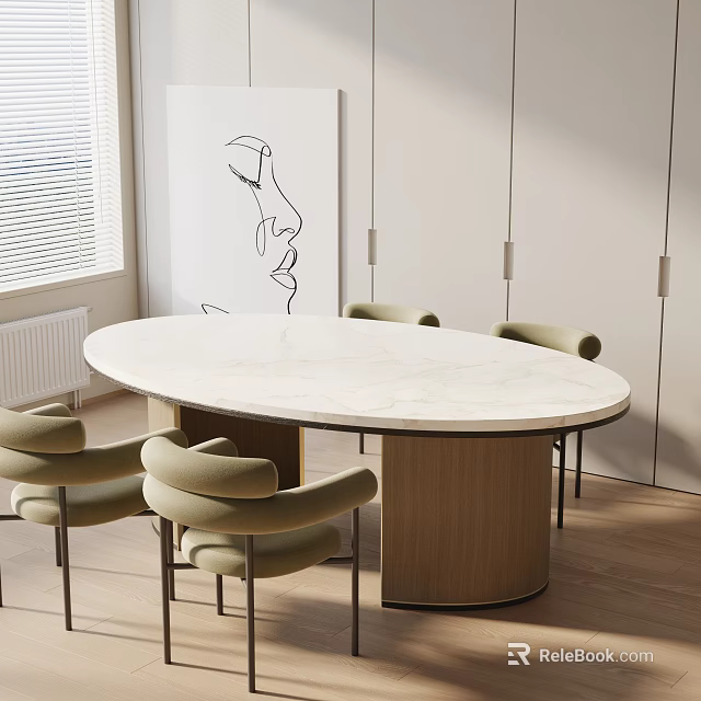 Modern Oval Dining Table Set With Marble Top And Wooden Base Chairs 3d model 