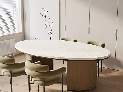 Modern Oval Dining Table Set With Marble Top And Wooden Base Chairs 3d model