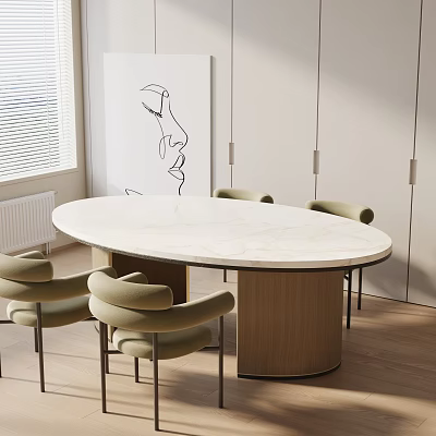 Modern Oval Dining Table Set With Marble Top And Wooden Base Chairs 3d model